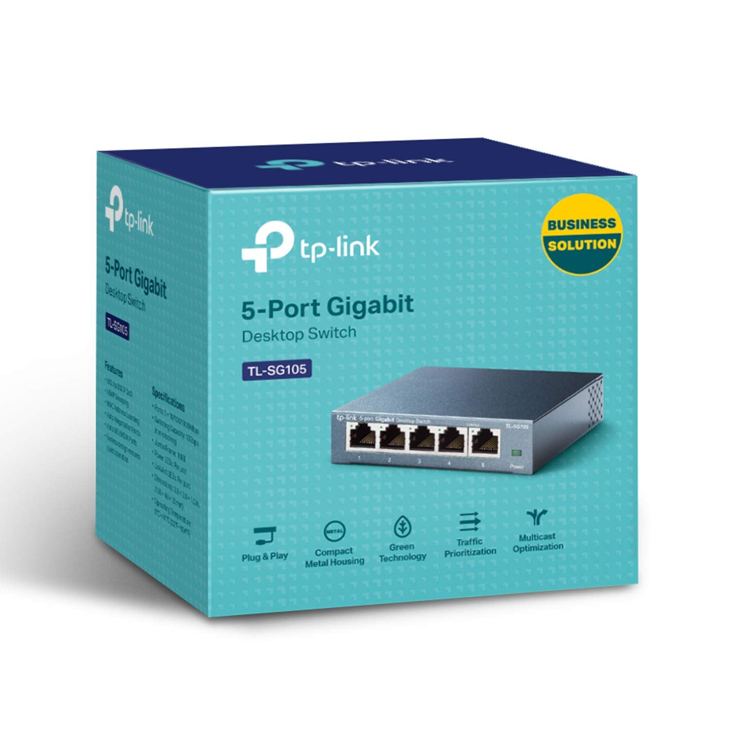 TP-Link TL-SG105 5-Ports Gigabit Netzwerk Switch (bis 2000 MBit/s im Vollduplexmodus, geschirmte RJ-45 Ports, Metallgehäuse, optimiert Datenverkehr, IGMP-Snooping, unmanaged, lüfterlos) blau metallic