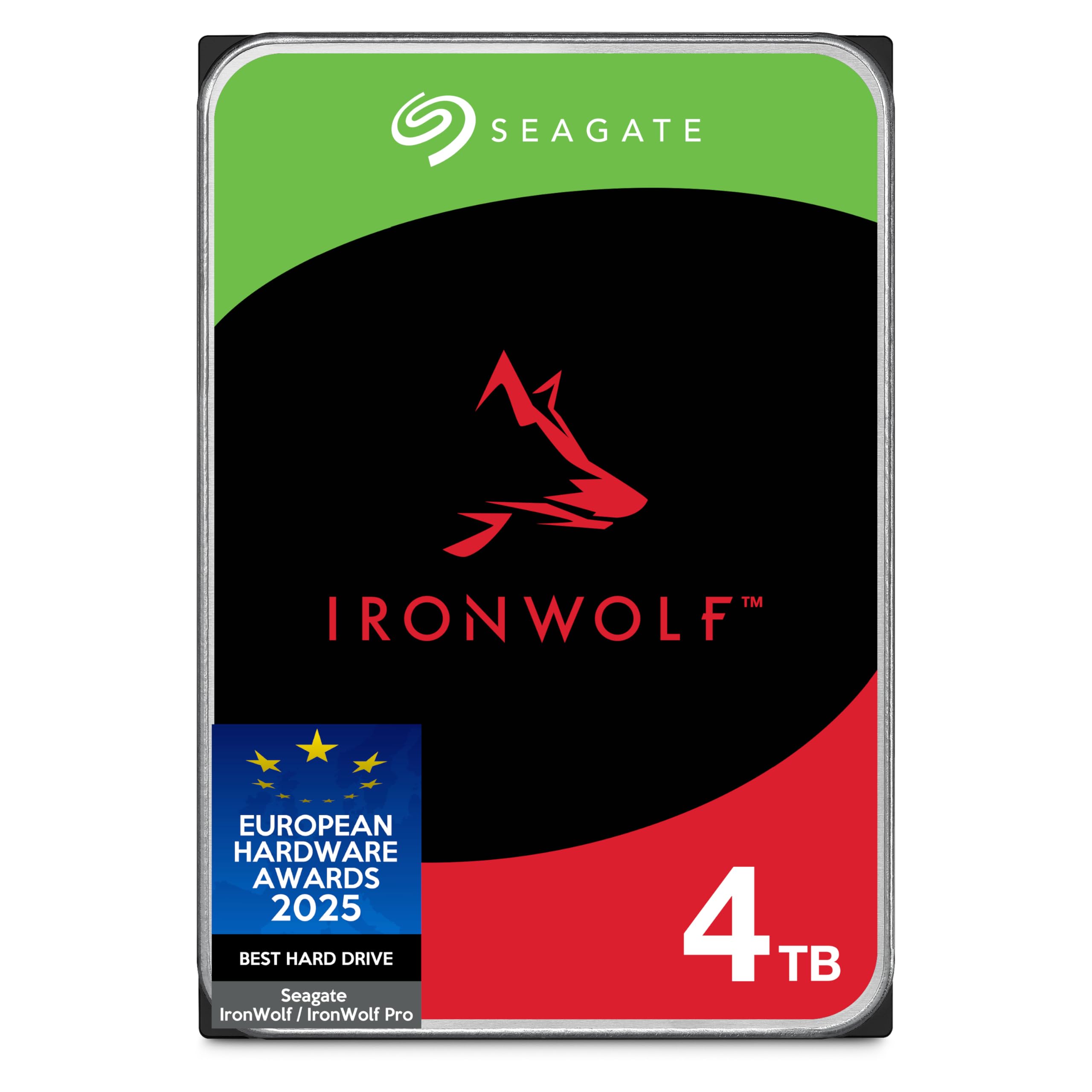 Seagate IronWolf 4TB, NAS Interne Festplatte HDD, 3.5 Zoll, 5400 U/Min, CMR, 64 MB Cache, SATA 6GB/s, silber, inkl. Data Rescue Service (ST4000VNZ06)